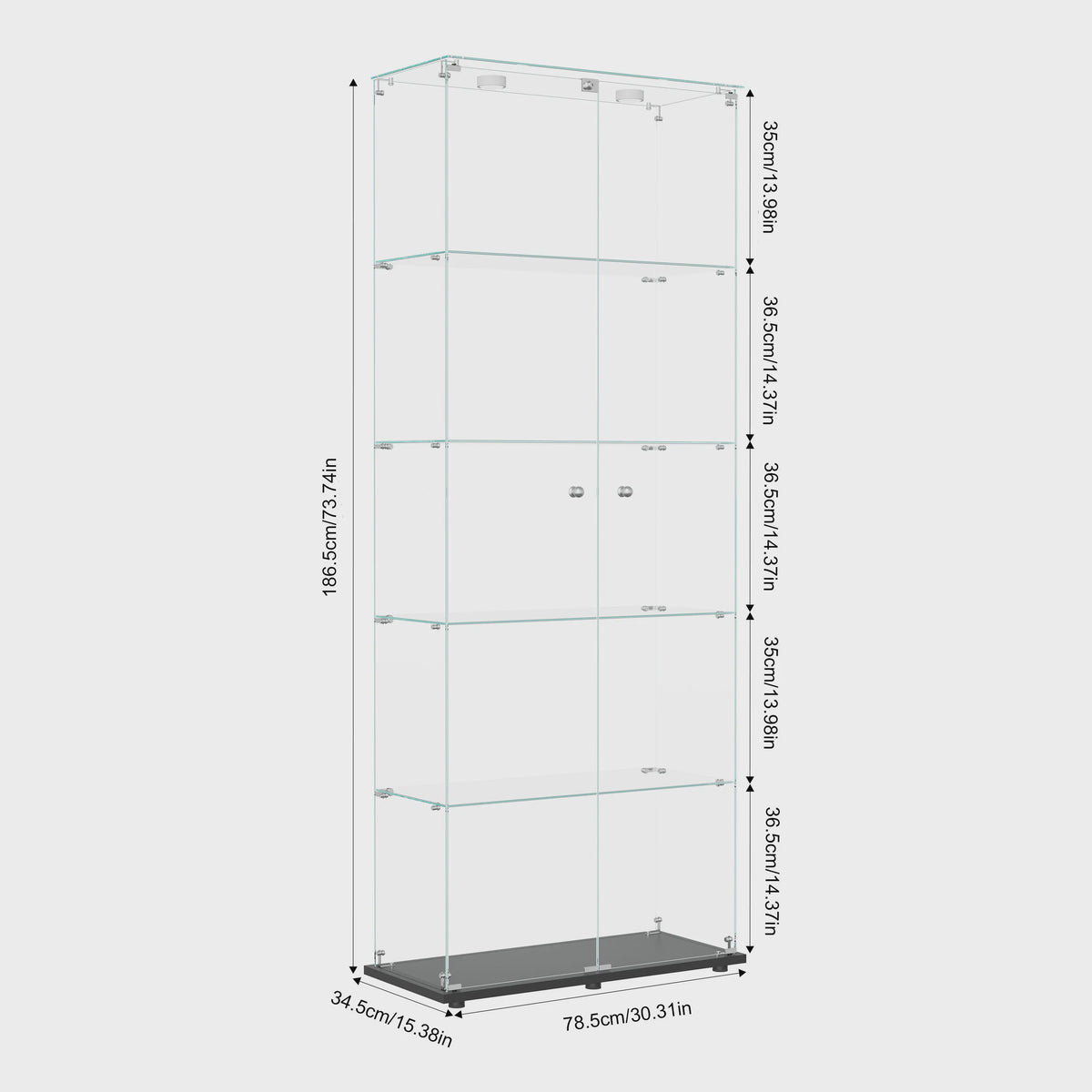 Moderne Witte Glazen Vitrinekast met LED Verlichting, 5 Legborden en 2 Vergrendelbare Deuren - 186x78x34 cm