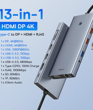 Baseus 10-in-1 USB-C Hub: 8K/4K Dual HDMI, 10Gbps, RJ45, PD 100W - Uitbreidingsstation voor MacBook & Laptop