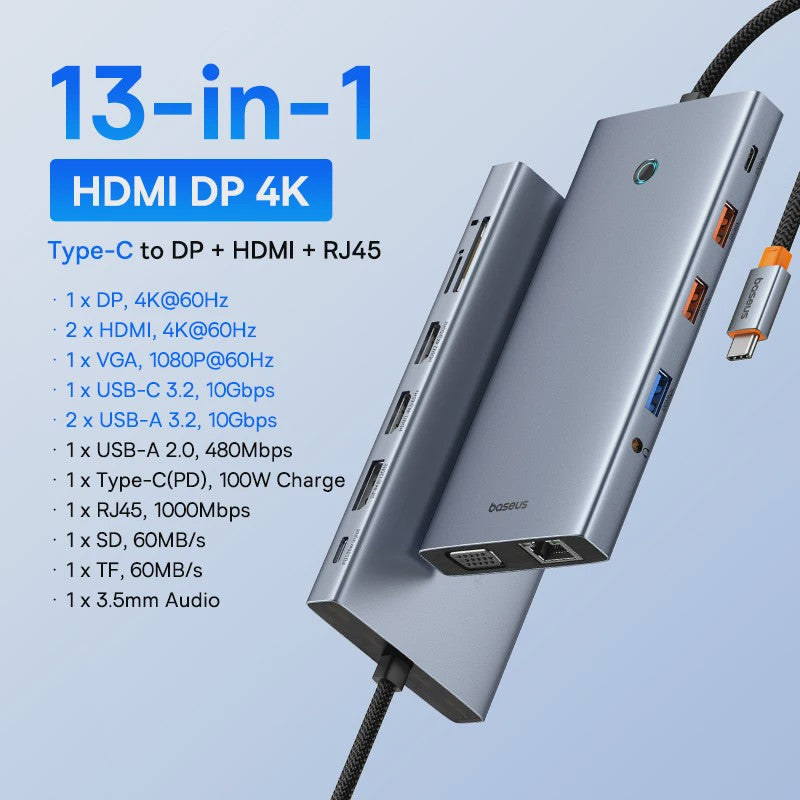 Baseus 10-in-1 USB-C Hub: 8K/4K Dual HDMI, 10Gbps, RJ45, PD 100W - Uitbreidingsstation voor MacBook & Laptop