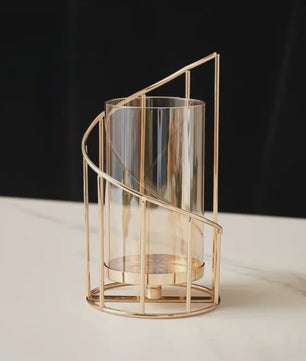 Luxe Metalen Kaarsenhouder met Glazen Cilinder - Geometrisch Draadframe