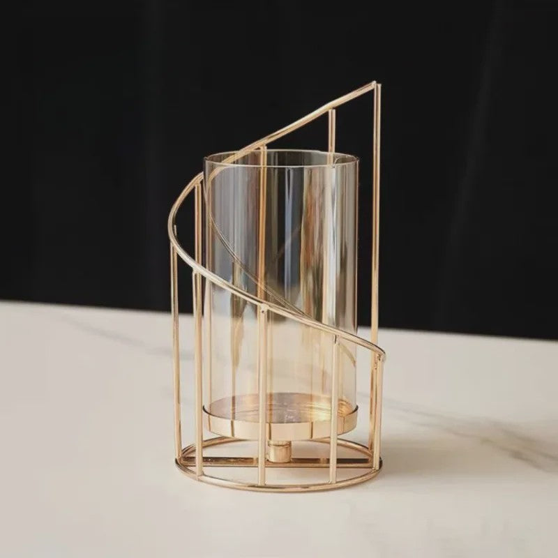 Luxe Metalen Kaarsenhouder met Glazen Cilinder - Geometrisch Draadframe