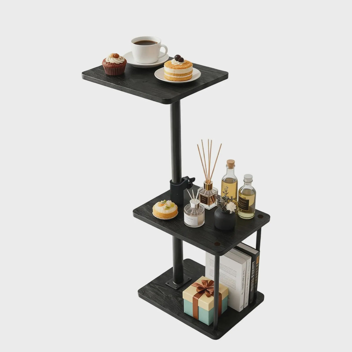 C-vormige bijzettafel met 360° draaibaar blad, in hoogte verstelbaar, 3 etages opbergruimte