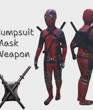 Deadpool Cosplay Kostuum Jumpsuit met Masker en Zwaarden voor Kinderen en Volwassenen