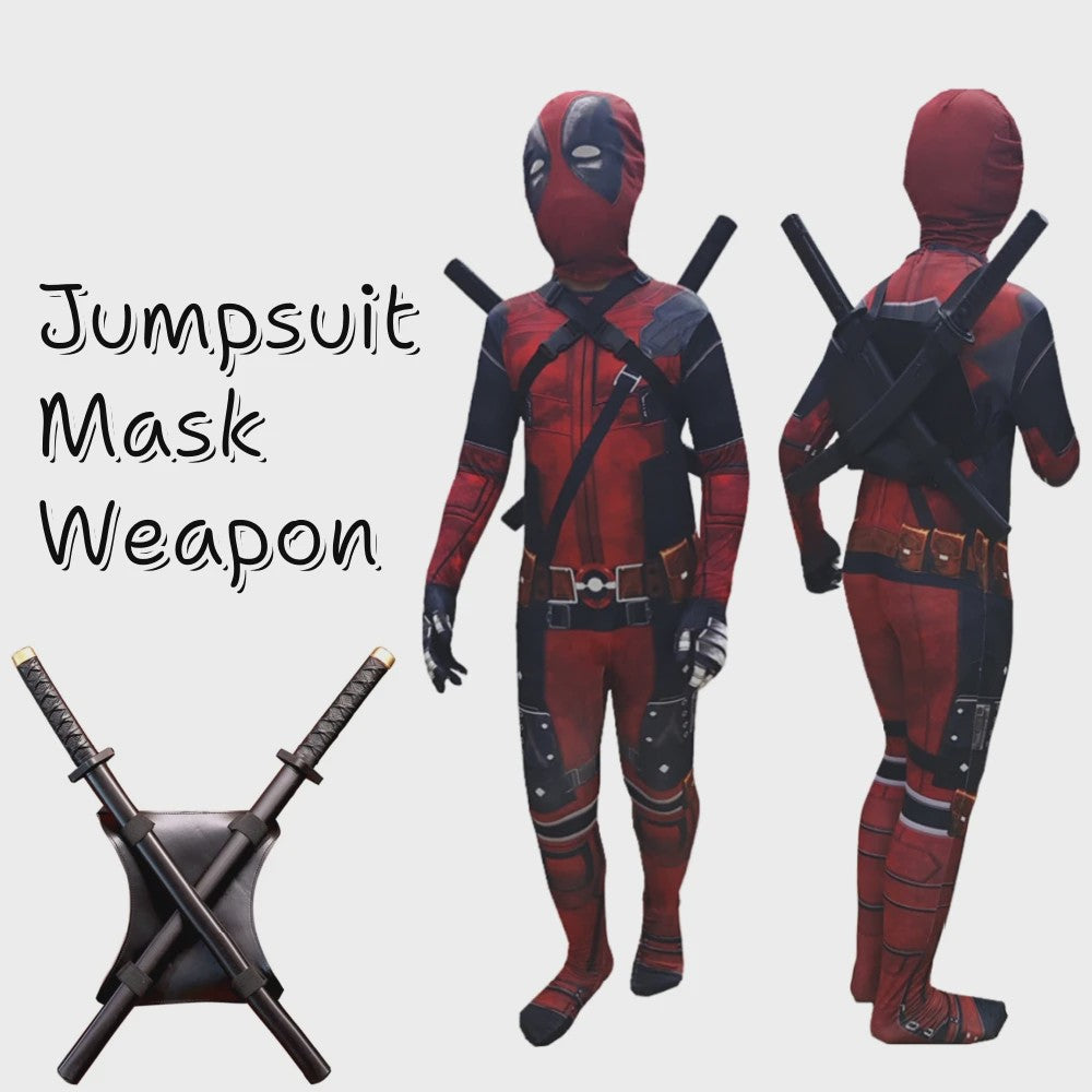 Deadpool Cosplay Kostuum Jumpsuit met Masker en Zwaarden voor Kinderen en Volwassenen