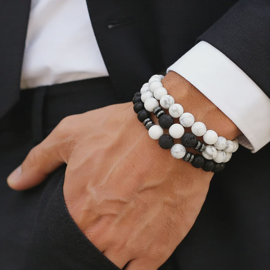 Set van 3 Heren Armbanden: Tijgeroog, Lavasteen & Onyx - Natuursteen
