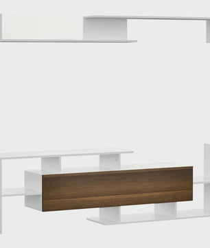 Moderne TV Meubel met Wandrek - 153.6 cm Breed - Wit met Houtdecor Front