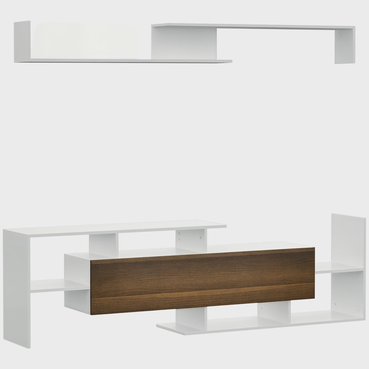 Moderne TV Meubel met Wandrek - 153.6 cm Breed - Wit met Houtdecor Front