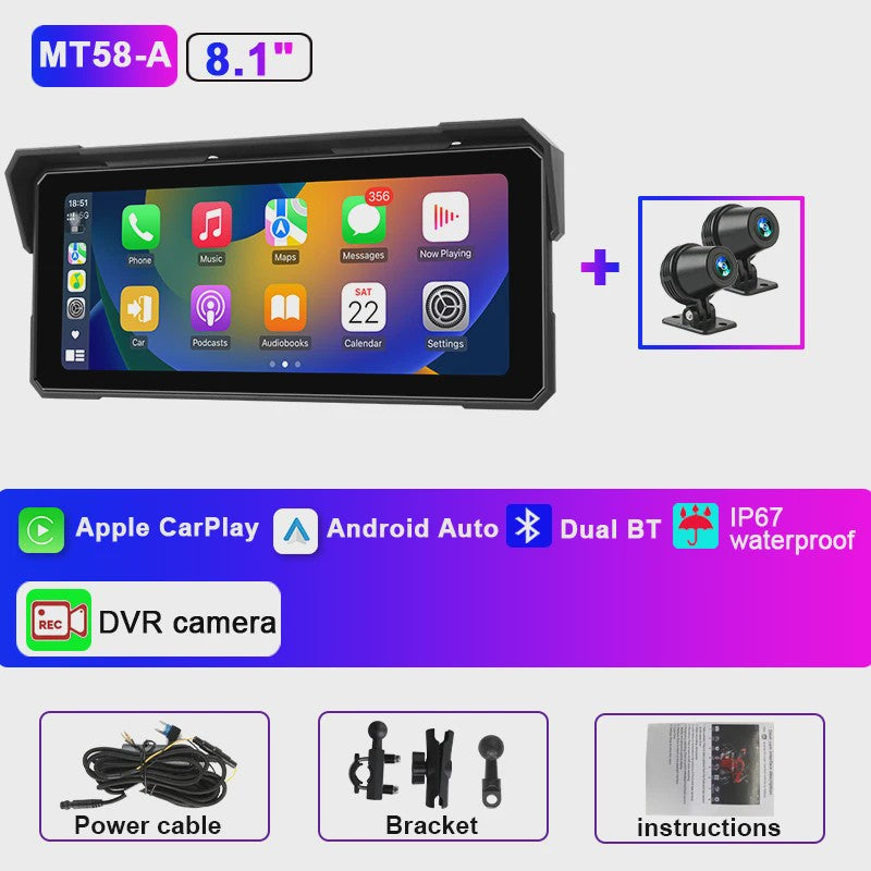 Jansite 8.1" Motorfiets GPS Navigatie met 4K DVR, CarPlay & Android Auto
