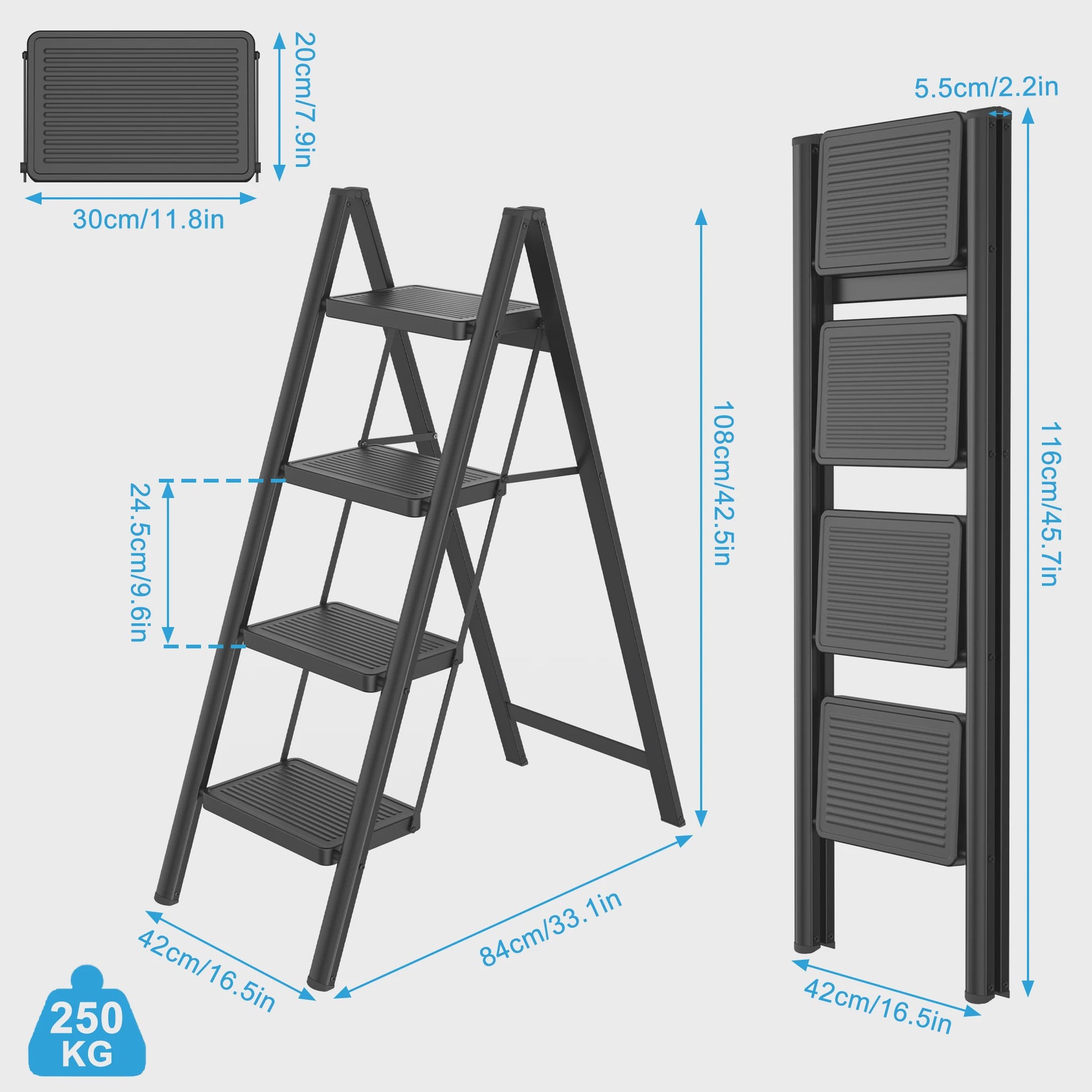 Opvouwbare Steekladder met Optionele Handgreep - 2/3/4 Treden, 250kg Belastbaar