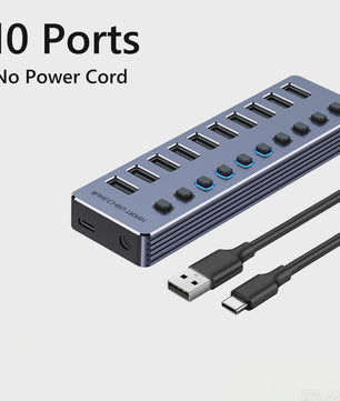 10-Poorts USB 3.0 Hub met 5Gbps Snelheid, Individuele Schakelaars en Krachtige Adapter