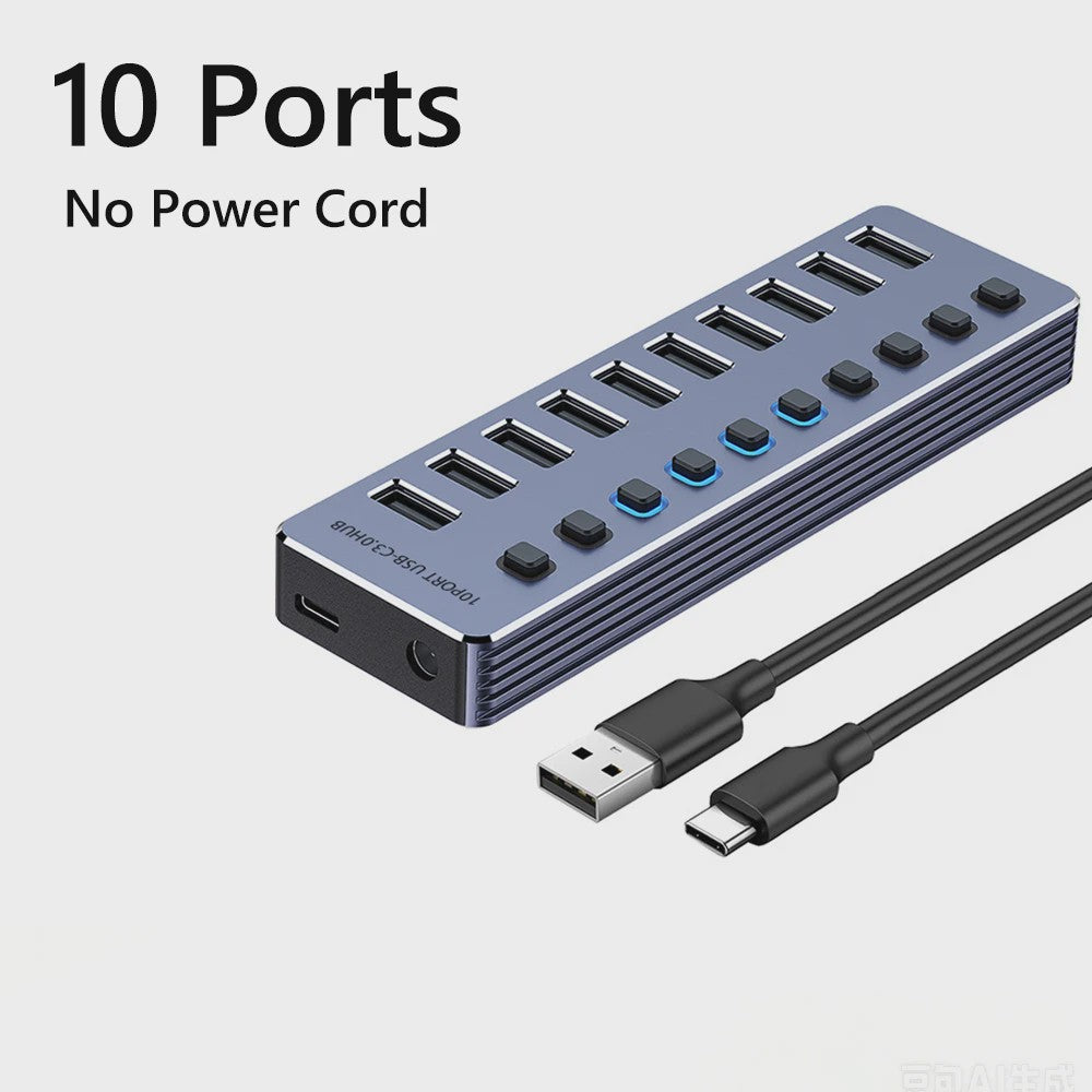 10-Poorts USB 3.0 Hub met 5Gbps Snelheid, Individuele Schakelaars en Krachtige Adapter