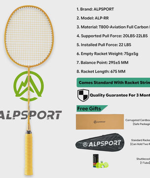 ALPSPORT RR Carbon Fiber Badminton Racket Set (2 stuks) - Offensief, 26LBS, Inclusief Tas & Shuttlecock - Ideaal voor Tieners