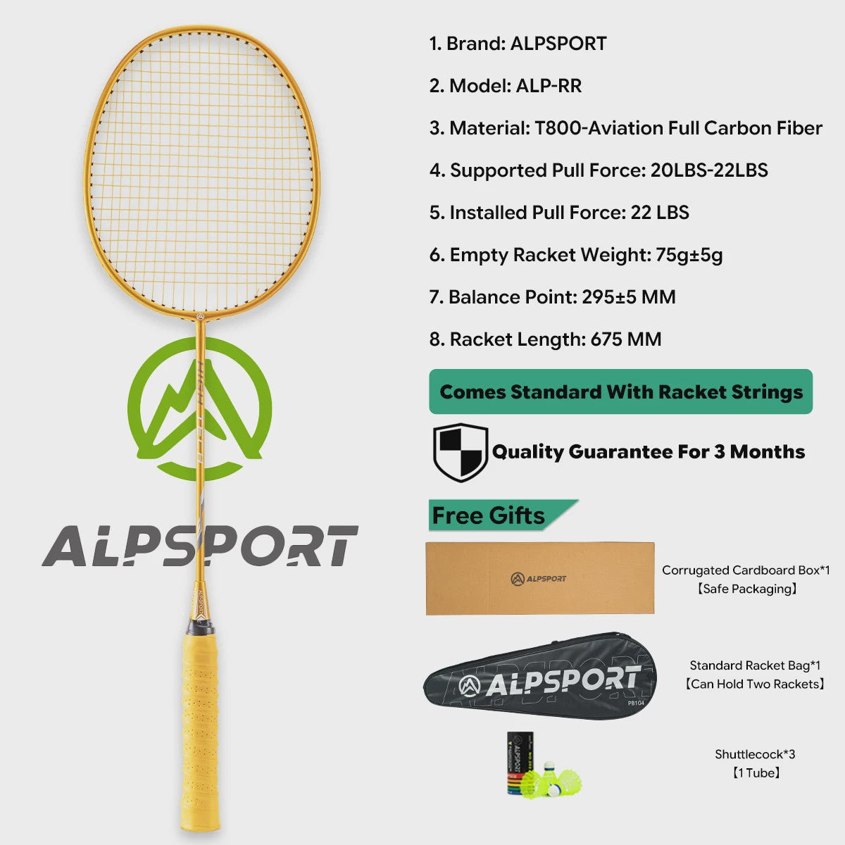 ALPSPORT RR Carbon Fiber Badminton Racket Set (2 stuks) - Offensief, 26LBS, Inclusief Tas & Shuttlecock - Ideaal voor Tieners