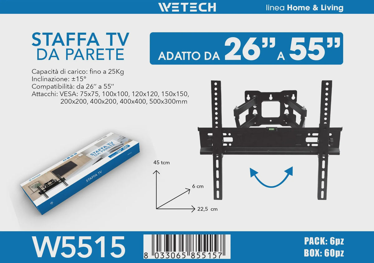 WETECH W5515 TV Muurbeugel: Volledig Beweegbaar voor 26-55 Inch TV's, 25kg Draagkracht, Kantelbaar & VESA Compatibel