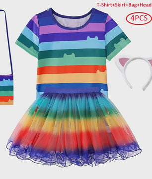 Meisjes Kleding Set: Zwart-Wit Katten T-shirt & Regenboog Tutu Rok met Accessoires