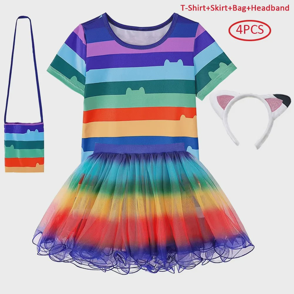 Meisjes Kleding Set: Zwart-Wit Katten T-shirt & Regenboog Tutu Rok met Accessoires