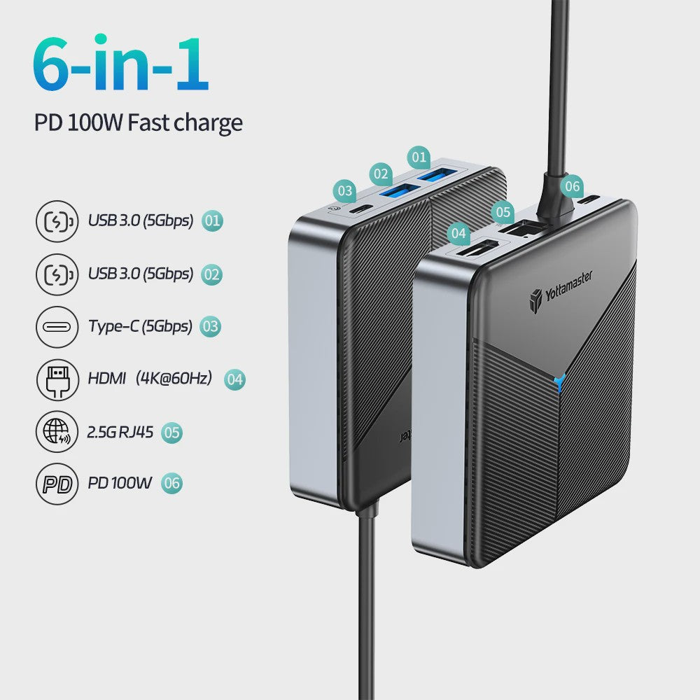 Yottamaster 8-in-1 USB-C Docking Station Hub met 100W PD, 4K@60Hz HDMI, RJ45, SD/TF Kaartlezer & Audio