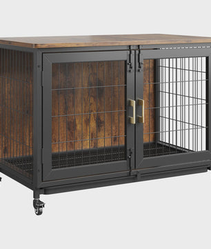 Luxe Houten Hondenkooi Meubel met Dubbele Deuren en Wielen - Afsluitbare Binnen Bench & Tafel voor Kleine/Medium Honden