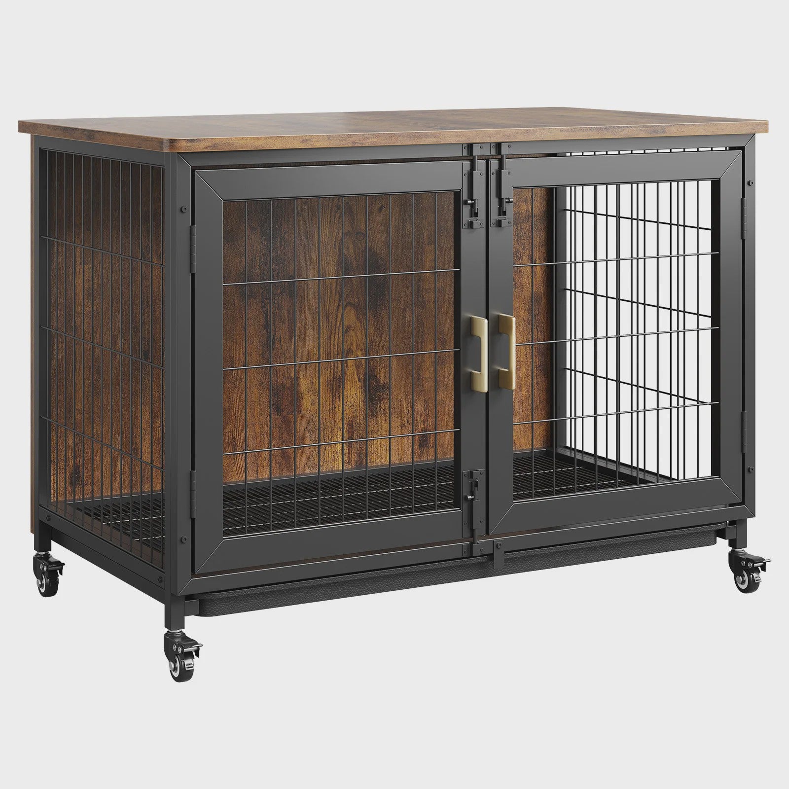 Luxe Houten Hondenkooi Meubel met Dubbele Deuren en Wielen - Afsluitbare Binnen Bench & Tafel voor Kleine/Medium Honden