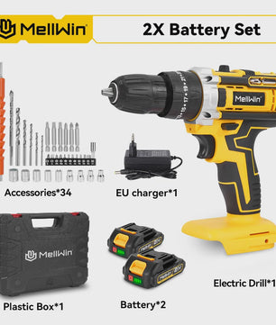 MELLWIN Accu Klopboormachine Set 25+3 Nm Koppel - 10mm Klopboormachine met 2x 21V Batterijen