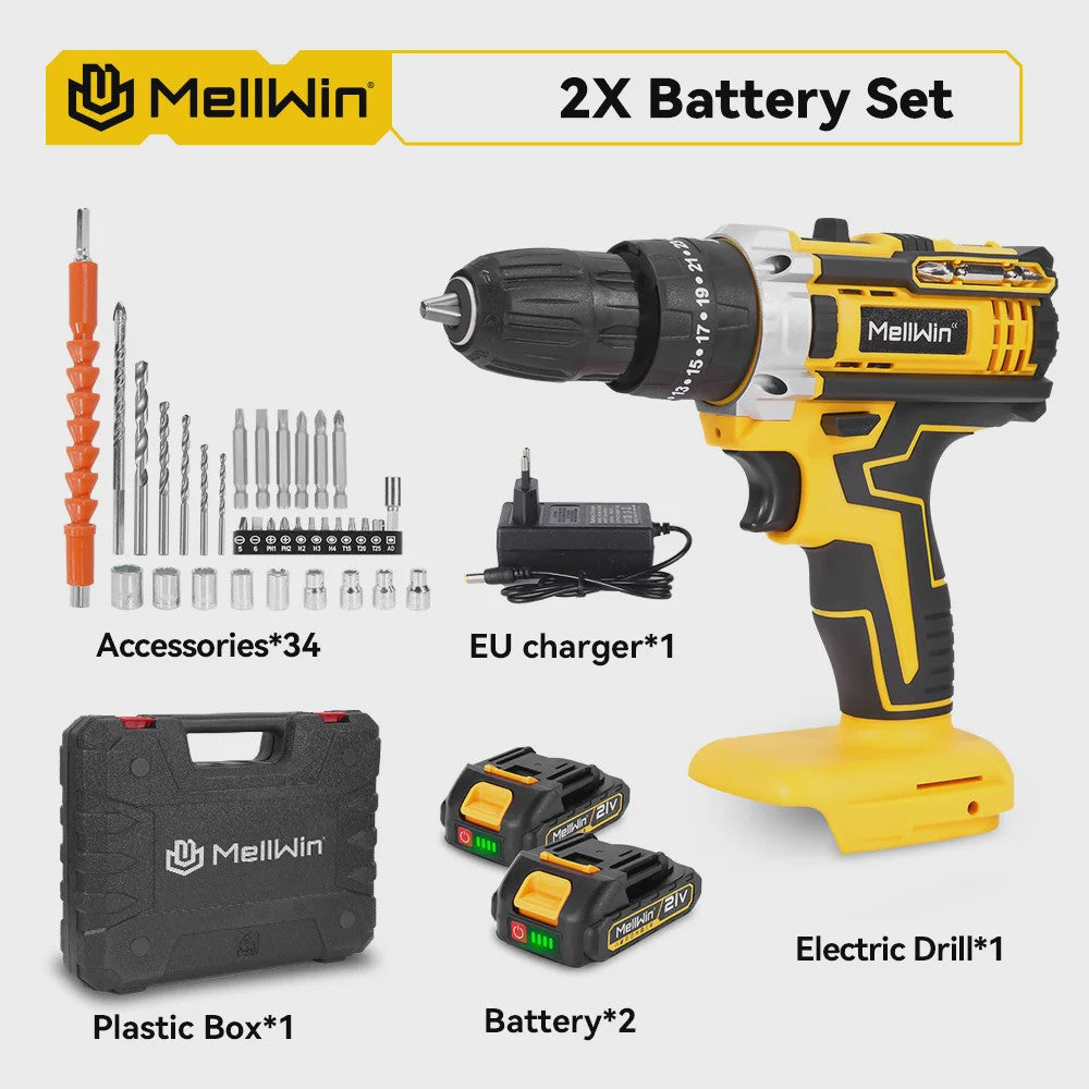 MELLWIN Accu Klopboormachine Set 25+3 Nm Koppel - 10mm Klopboormachine met 2x 21V Batterijen
