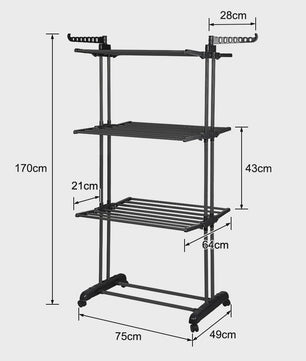 3-Laags Kledingrek op Wielen - Dubbele Stang, Opvouwbaar Droogrek voor Binnen & Buiten - 75x64x170cm