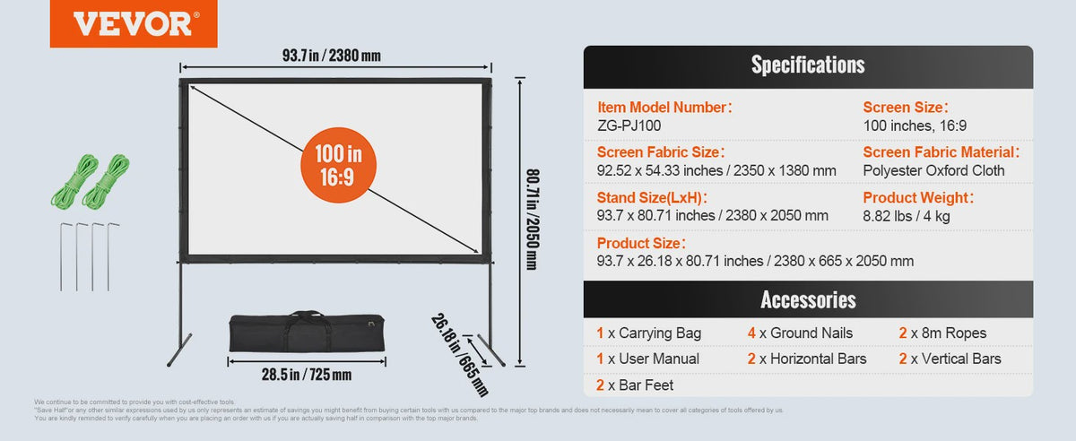 Draagbaar Projectiescherm met Statief - 100/120/150 inch - 16:9 - 4K HD