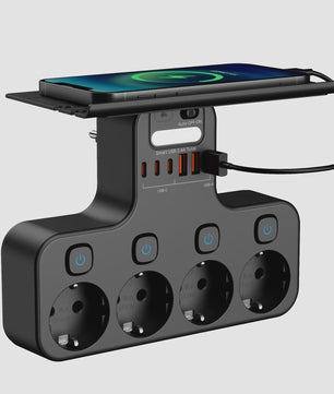 Multifunctionele Stekkerdoos met Telefoonhouder, 4 Stopcontacten en 6 USB-poorten