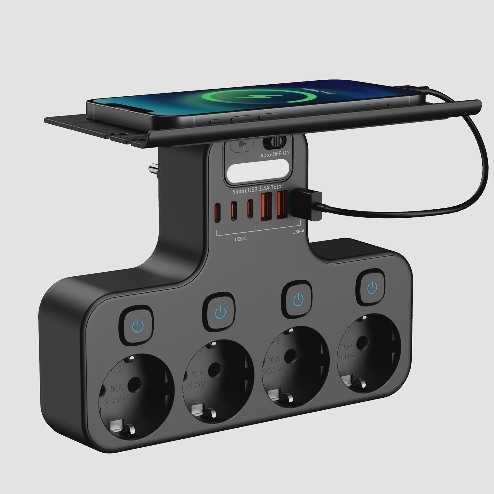 Multifunctionele Stekkerdoos met Telefoonhouder, 4 Stopcontacten en 6 USB-poorten