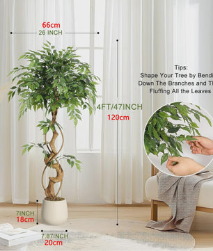 Kunst Ficus Boom met Gebogen Stam en Witte Pot - Realistische Zijde Plant voor Binnen & Buiten