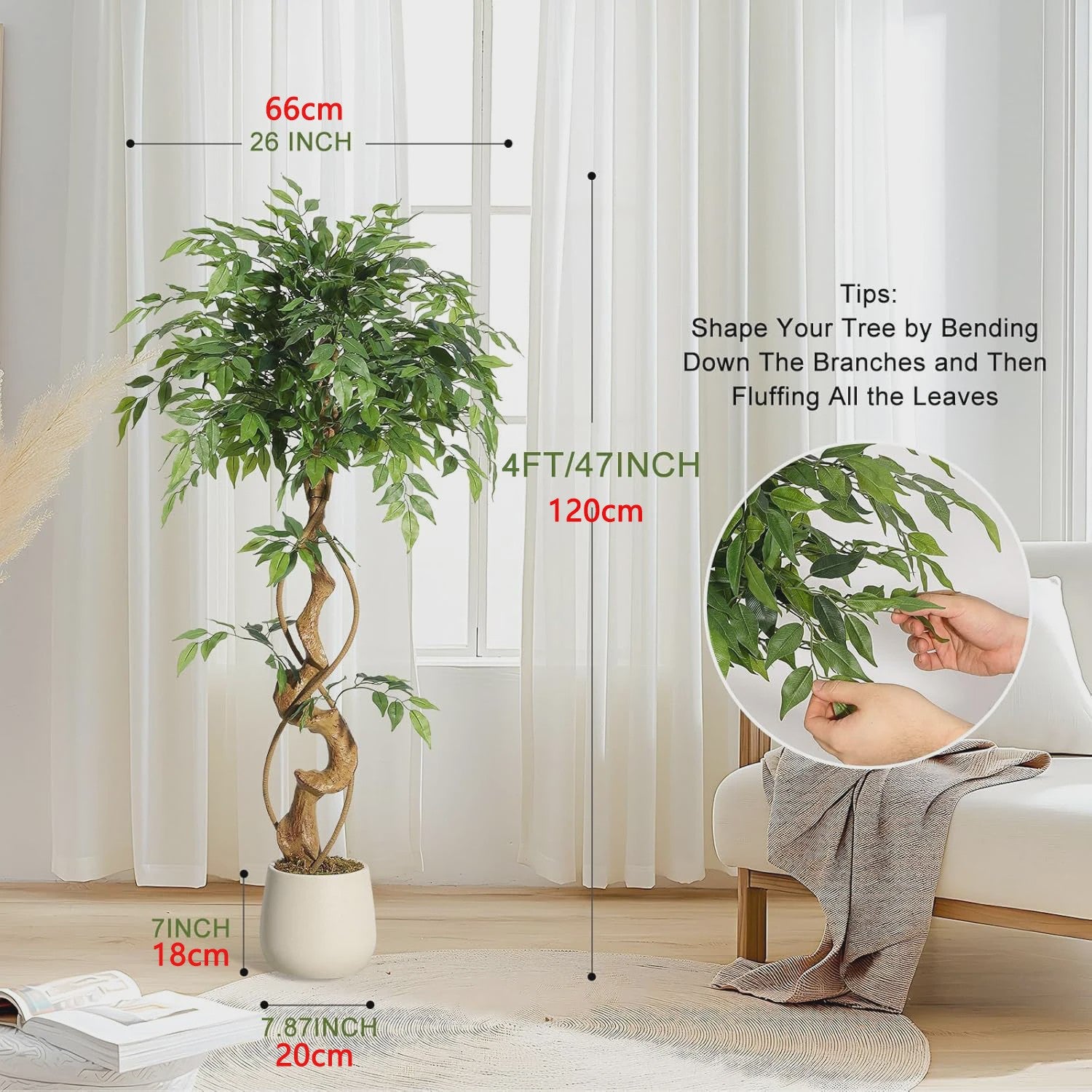 Kunst Ficus Boom met Gebogen Stam en Witte Pot - Realistische Zijde Plant voor Binnen & Buiten