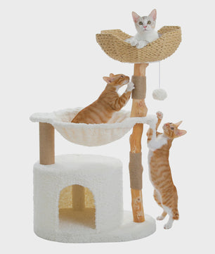 Luxe Kattenboom met Natuurlijk Hout, Wicker Mand & Krabpalen - Comfortabel Kattenhuis