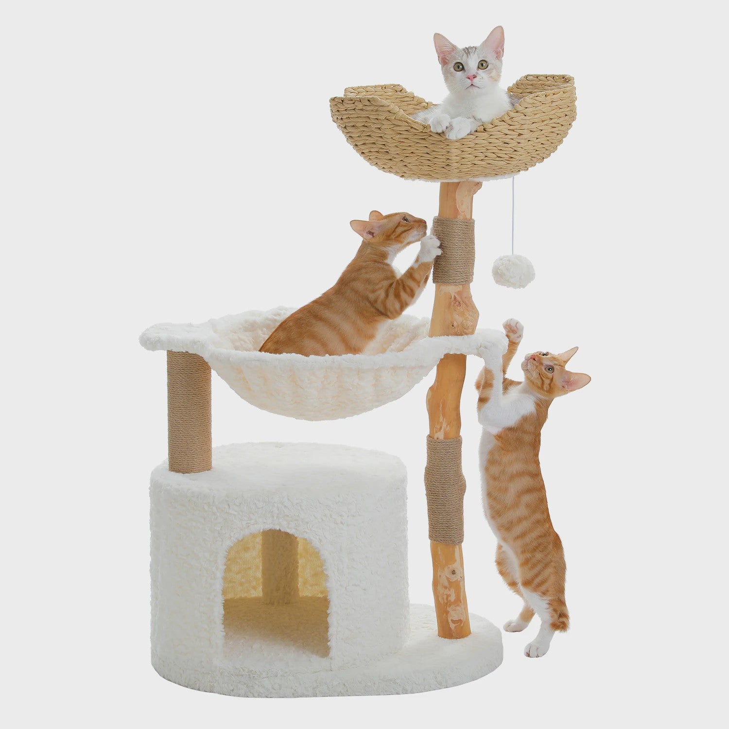 Luxe Kattenboom met Natuurlijk Hout, Wicker Mand & Krabpalen - Comfortabel Kattenhuis