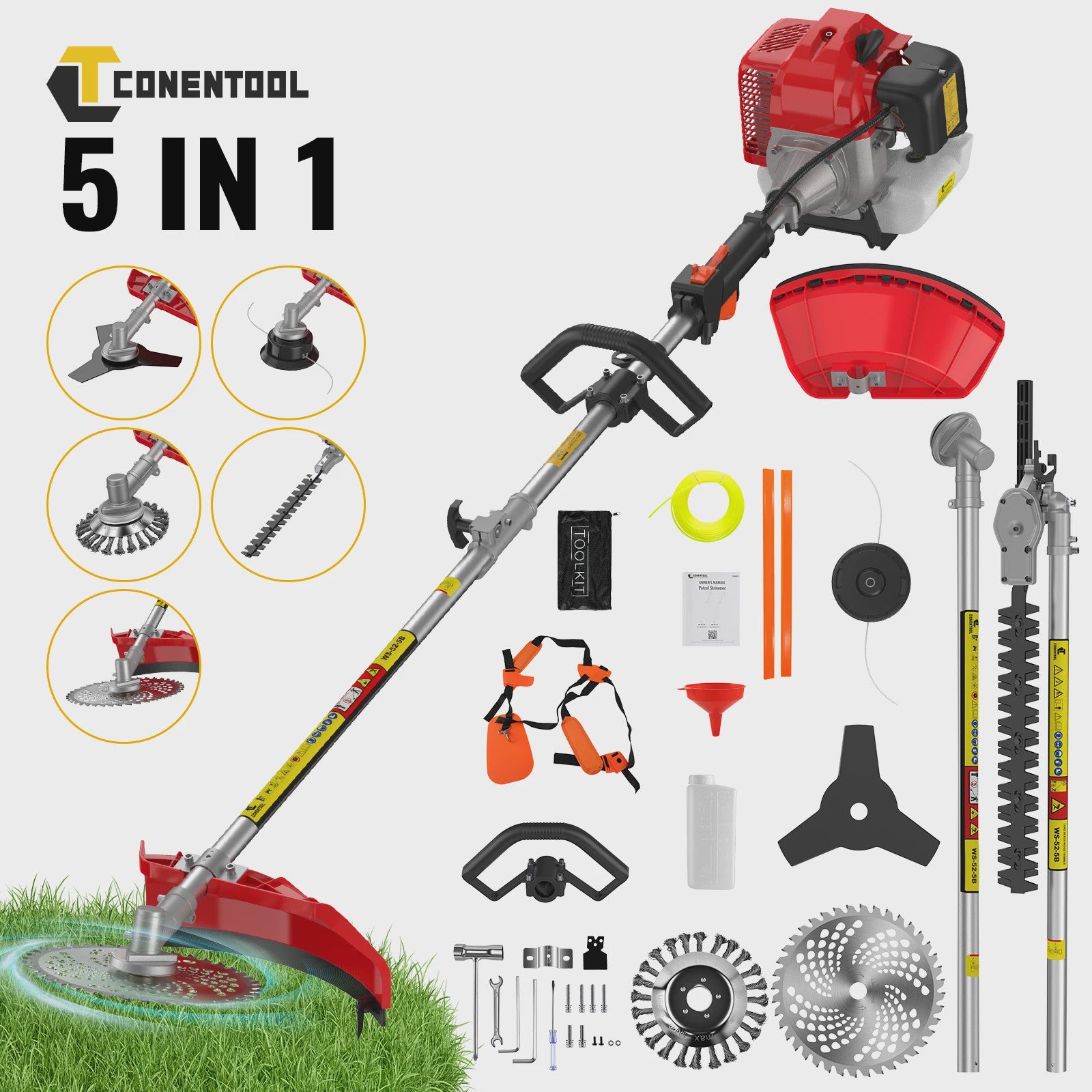 Conentool 5-in-1 Benzine Bosmaaier 52CC 11000 RPM - Grasmaaier, Heggenschaar, Kettingzaag