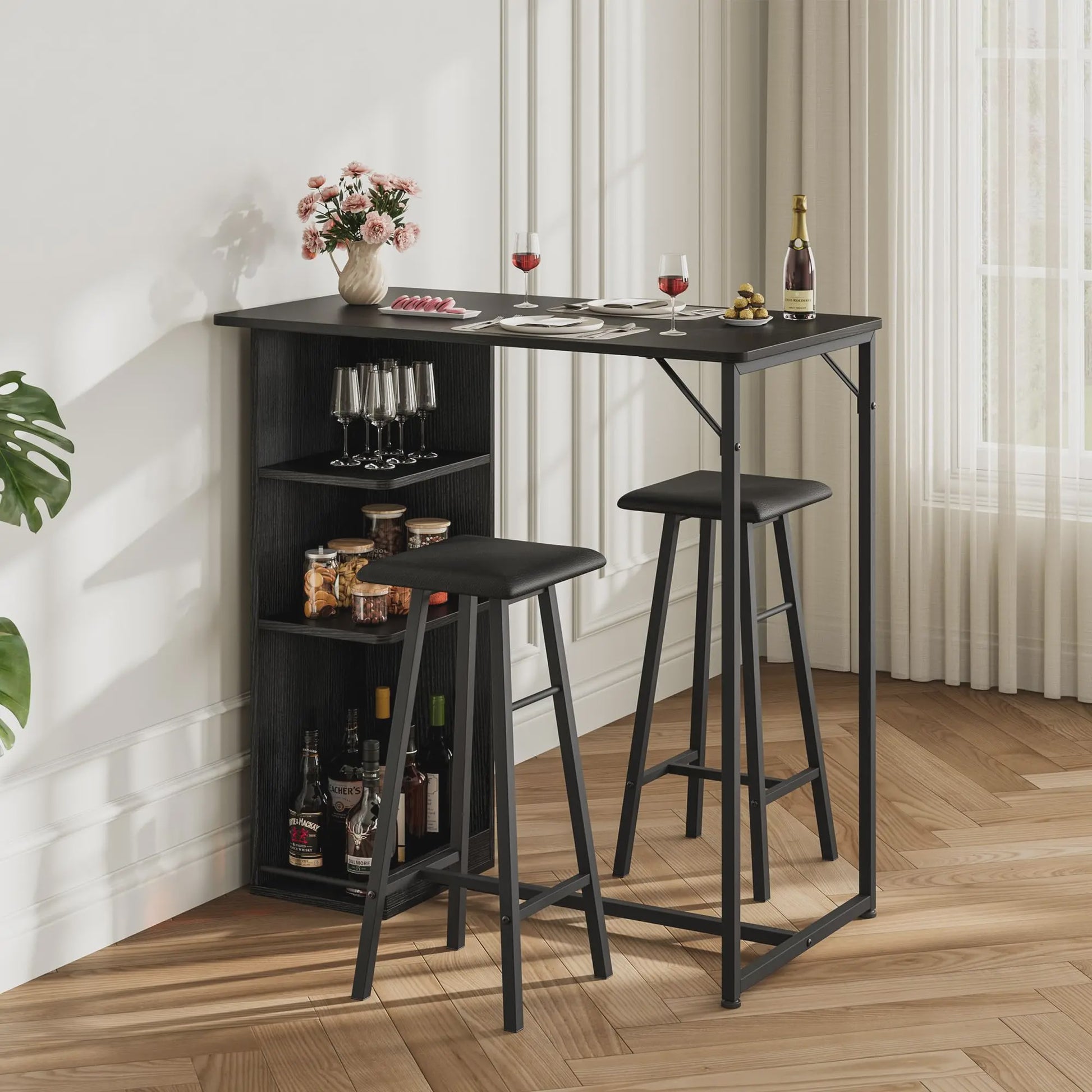 3-delige Bartafel Set met 2 Krukken en Opbergruimte - Compact Keukenmeubel