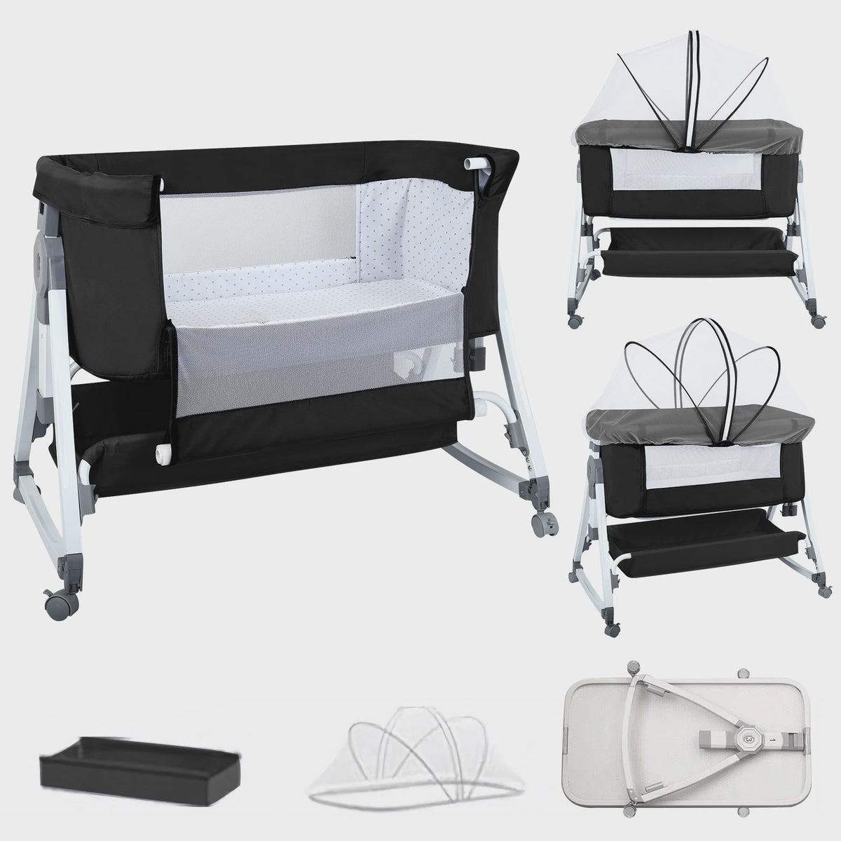 Baby Co-sleeper Wieg 2-in-1 met Wielen, 6 Hoogte-instellingen en Klamboe