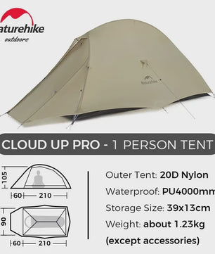 Naturehike Cloud Up Pro 1-Persoons Lichtgewicht Trekking Tent - Waterdicht & Eenvoudig Op te Zetten