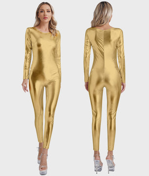 Glanzende Metallic Jumpsuit Dames - Lange Mouw Bodysuit voor Feest, Rave & Festival