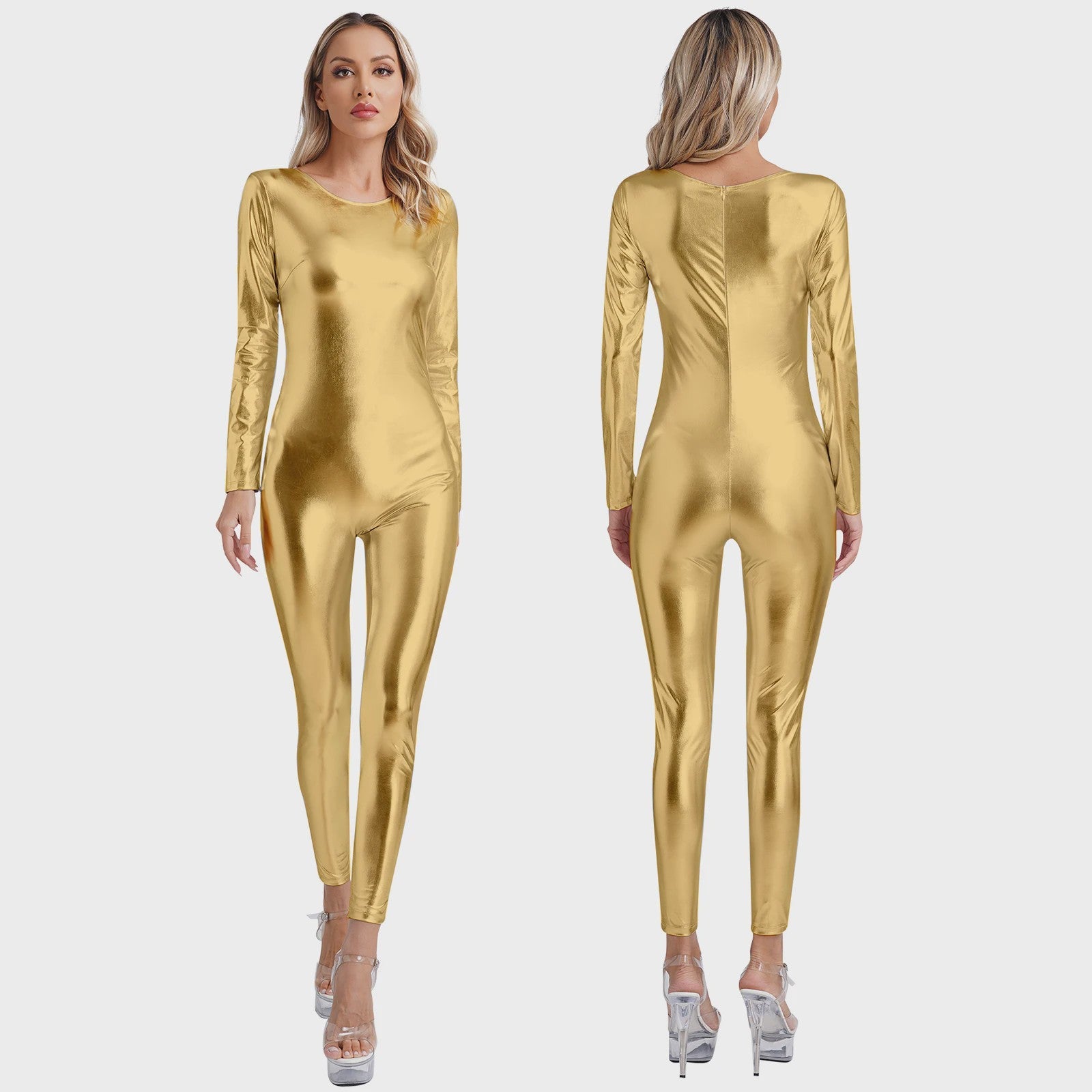 Glanzende Metallic Jumpsuit Dames - Lange Mouw Bodysuit voor Feest, Rave & Festival