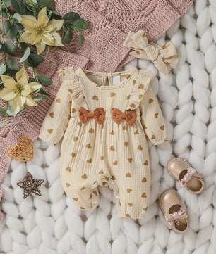 Schattige Baby Meisjes Jumpsuit met Bloemenprint, Lange Mouwen, Strikjes & Hoofdband - 0-6 Maanden