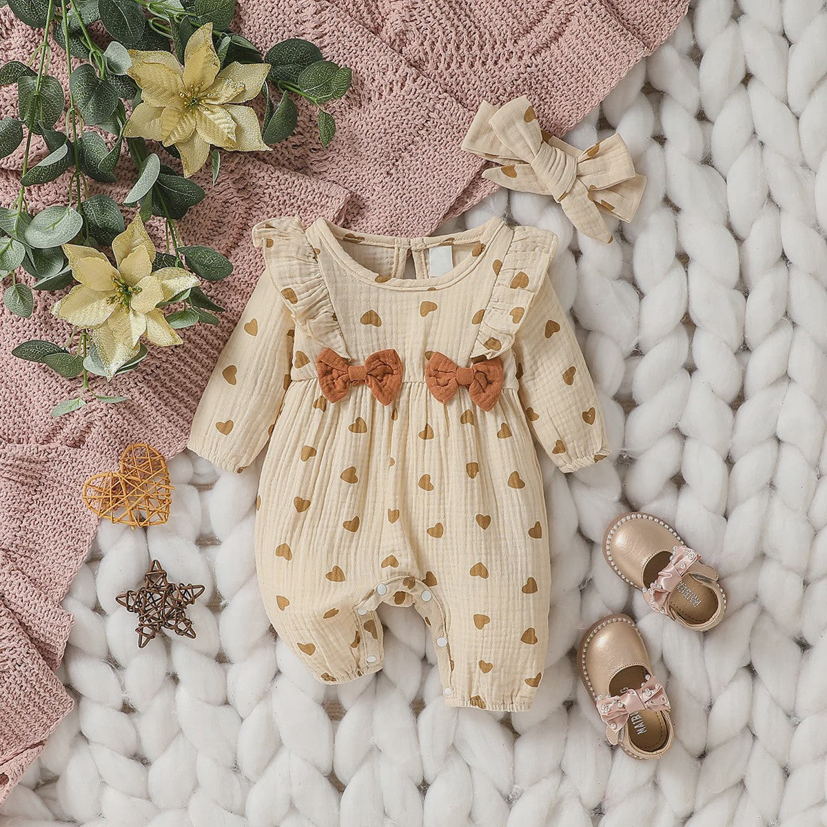 Schattige Baby Meisjes Jumpsuit met Bloemenprint, Lange Mouwen, Strikjes & Hoofdband - 0-6 Maanden
