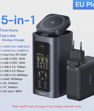 Baseus 15-in-1 USB-C Docking Station: 160W PD, 4K@120Hz HDMI, 25W Draadloze Charger & 180W GaN Adapter