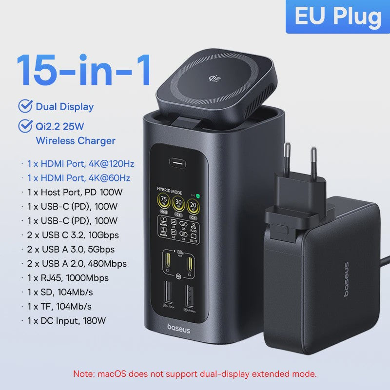Baseus 15-in-1 USB-C Docking Station: 160W PD, 4K@120Hz HDMI, 25W Draadloze Charger & 180W GaN Adapter