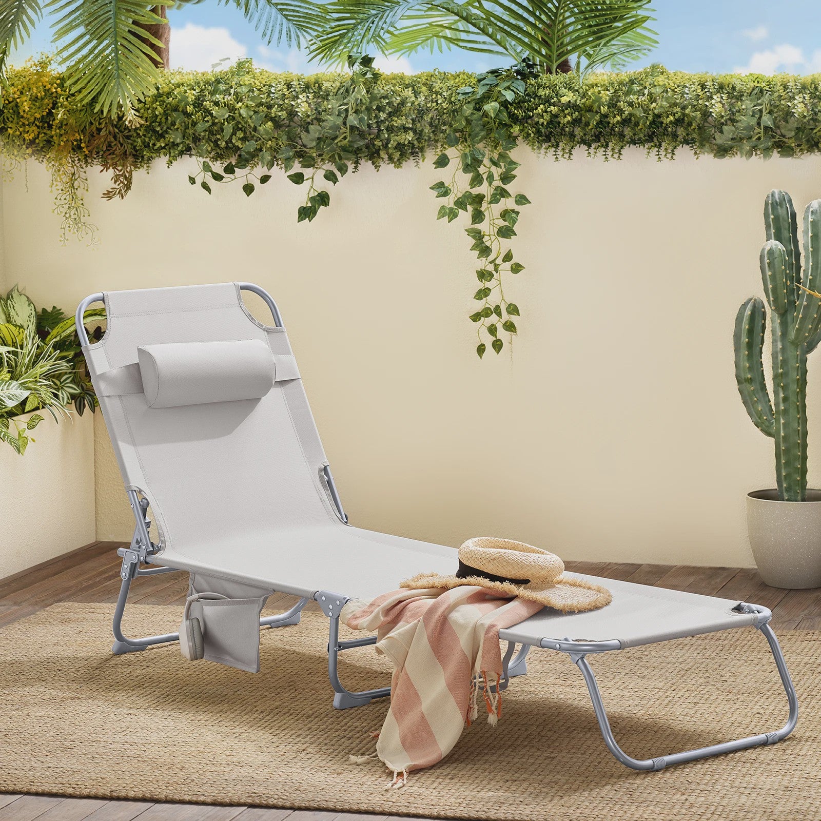 Opvouwbare ligstoel voor de tuin met hoofdsteun en zijvak - Comfortabel en praktisch