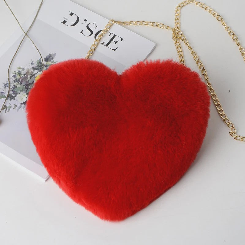 Schattige Hartvormige Pluche Schoudertas met Ketting - Dames Crossbody Tas