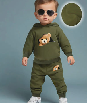 Schattige Baby Jongens Set: Fleece Sweater met Beerprint en Joggingbroek