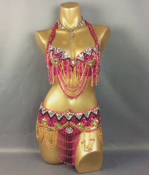 Dames Buikdans Set: Luxe Beaded Bh & Heupsjaal met Franjes