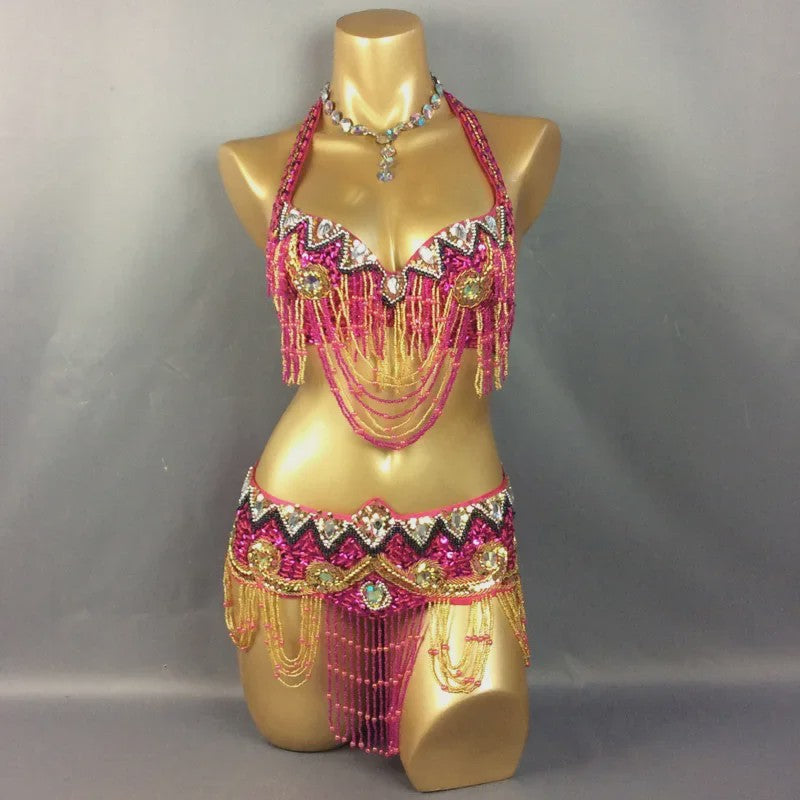 Dames Buikdans Set: Luxe Beaded Bh & Heupsjaal met Franjes