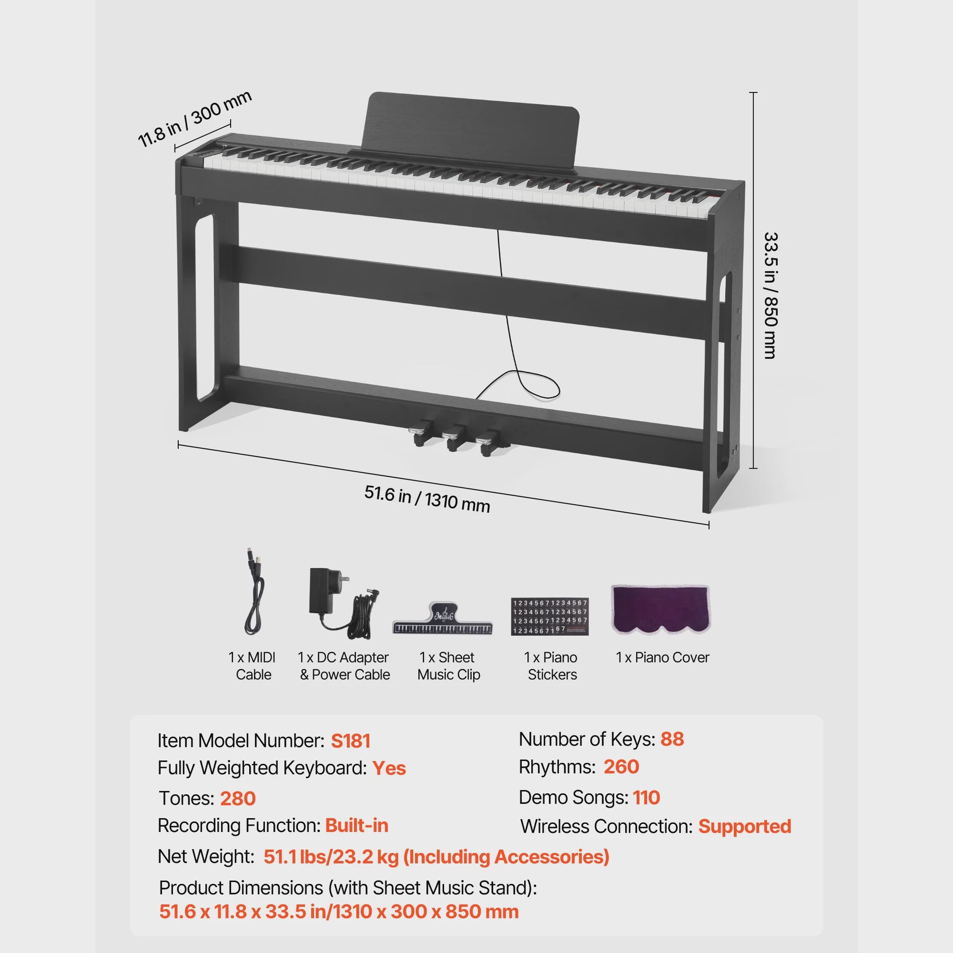 SucceBuy 88 Toetsen Digitaal Piano - Volledig Gewogen Toetsenbord met Draadloze Connectiviteit voor Beginners