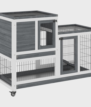 Houten Konijnenhok met Wielen - 2 Verdiepingen, Binnenhok met Ren en Uitneembare Lades - Grijze Kleur